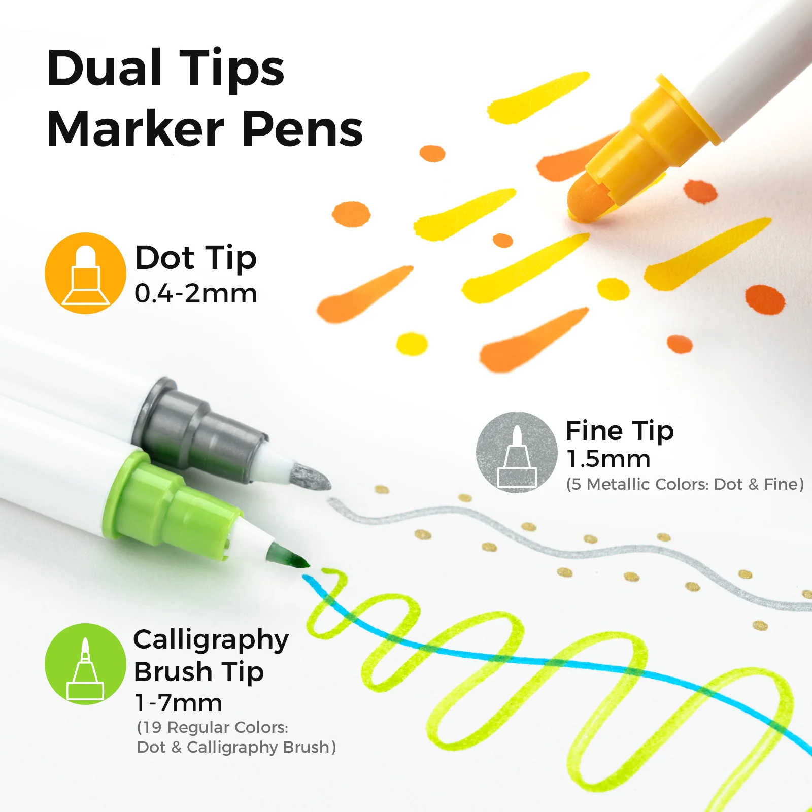 Ohuhu 24 Colors Water-base Calligraphy Brush & Dot Marker Pens
