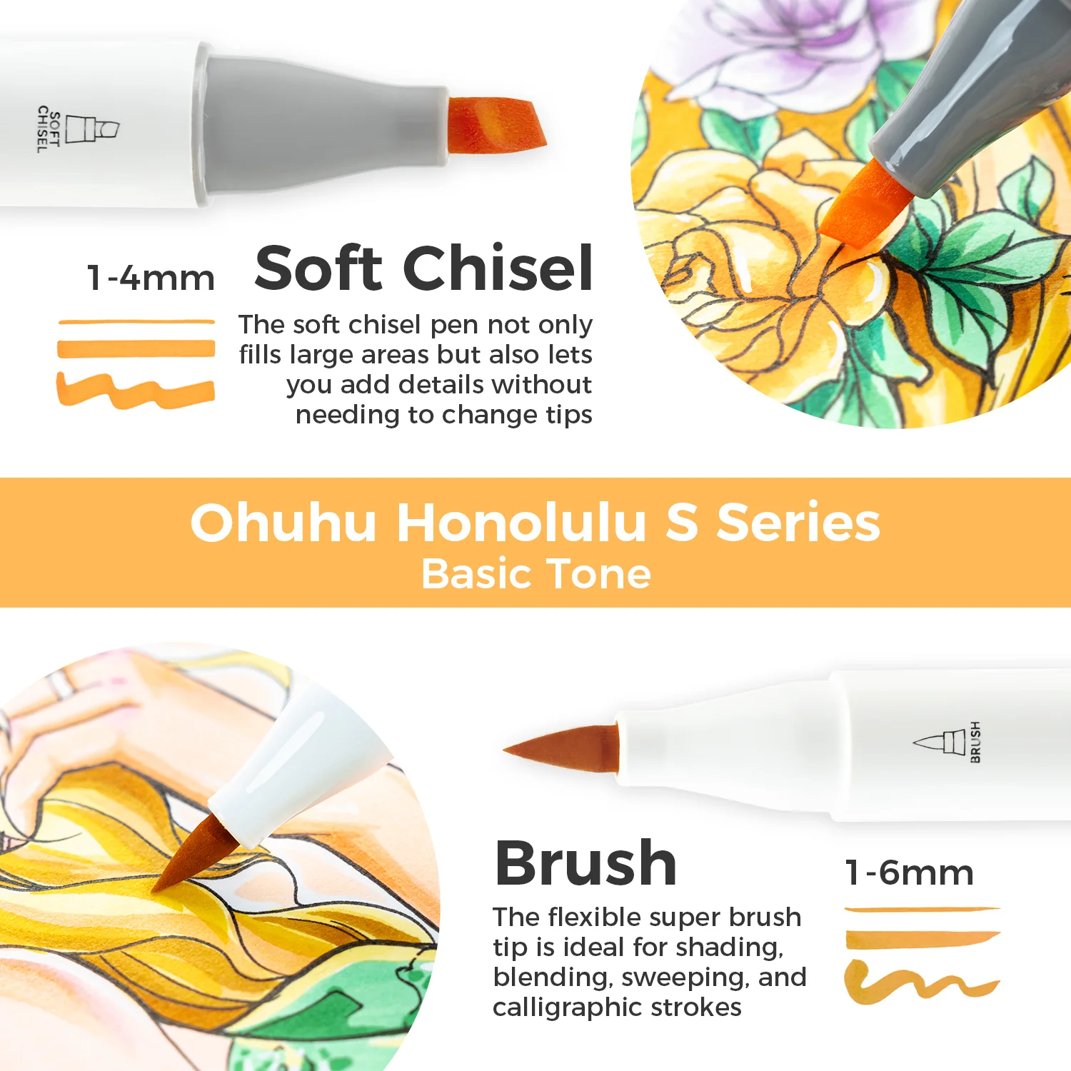 Ohuhu Honolulu S 48 Colors Dual Soft Tips Alcohol Art Markers, Brush & Soft Chisel